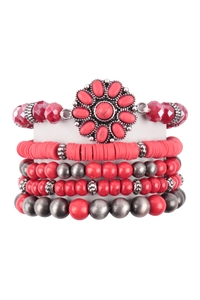 S28-3-3-HDB3688RD - 5 LINES WESTERN CONCHO FLOWER STONE BRACELET - RED/6PCS