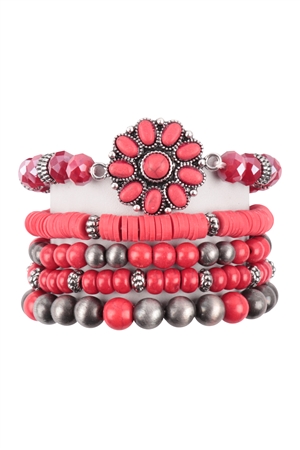 S28-3-3-HDB3688RD - 5 LINES WESTERN CONCHO FLOWER STONE BRACELET - RED/6PCS