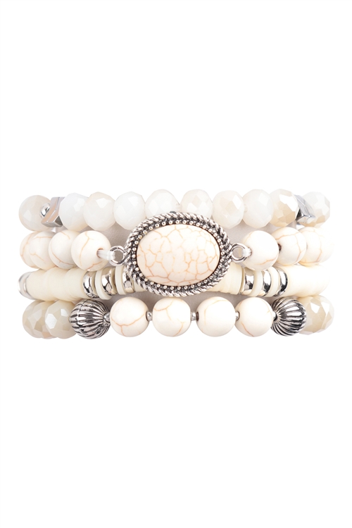 S23-6-1-HDB3709NA - NATURAL STONE OVAL MIX BEADS CHARM STRETCH BRACELET SET - NATURAL/6PCS