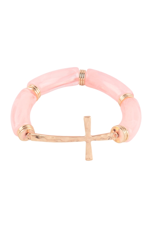 SA4-2-1-HDB3742PK - HAMMERED CROSS TUBULAR ACETATE BEAD BRACELET - PINK/6PCS (NOW $1.00 ONLY!)