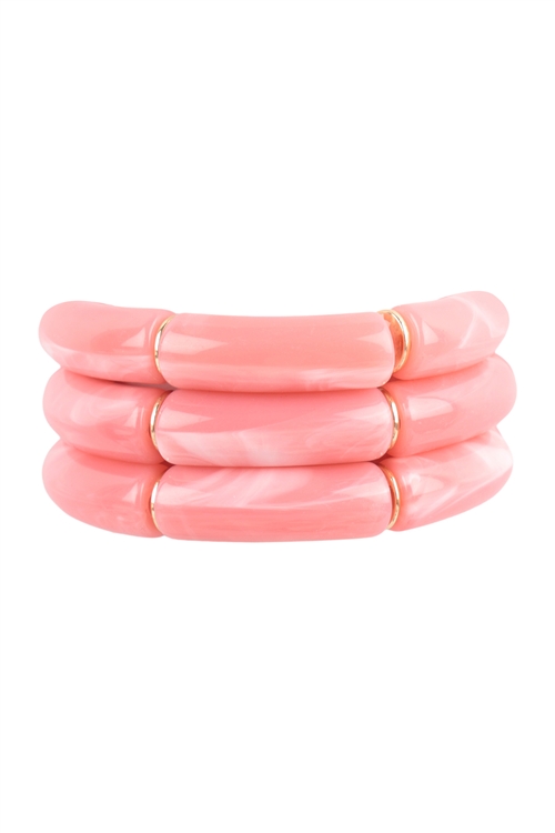 SA4-3-2-HDB3755PK - TUBULAR BEAD ACRYLIC 3 SET BANGLE BRACELET - PINK/6PCS (NOW $1.75 ONLY!)