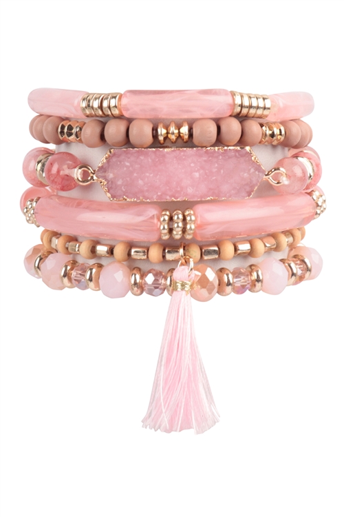 S17-6-1-HDB3763PK - CHARM MIX BEADS TUBULAR DRUZY W/ TASSEL VERSATILE BRACELET-PINK/6PCS