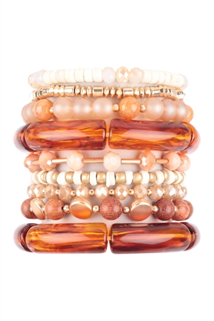 S21-10-1/S25-5-2-HDB3765NA - MIX BEADS, TUBULAR, WOOD, RONDELLE, CHARM VERSATILE STRETCH BRACELET-NATURAL/6PCS