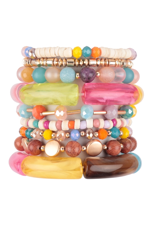 S3-6-2-HDB3765PMT - MIX BEADS, TUBULAR, WOOD, RONDELLE, CHARM VERSATILE STRETCH BRACELET-LIGHT MULTICOLOR/6PCS (NOW $3.00 ONLY!)