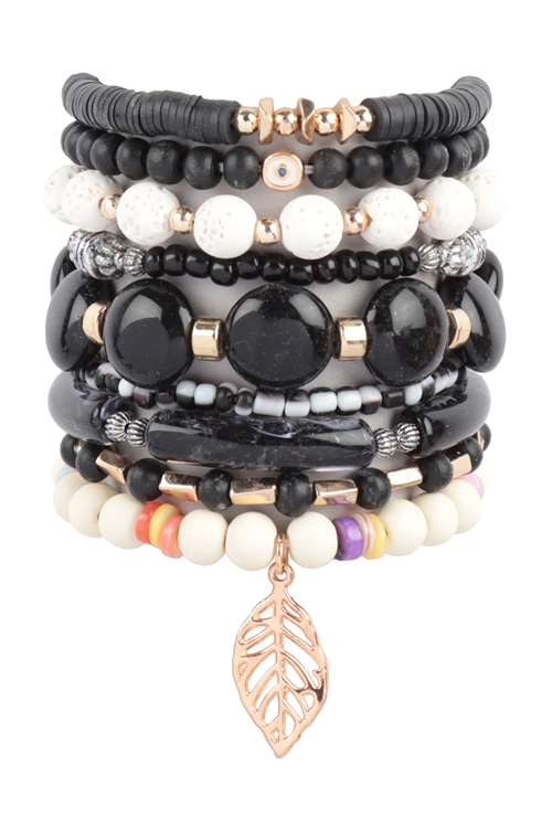 S21-7-1-HDB3776BK - MIX BEADS WOOD, TUBULAR W/ LEAF PENDANT  VERSATILE CHARM BRACELET SET-BLACK/6PCS