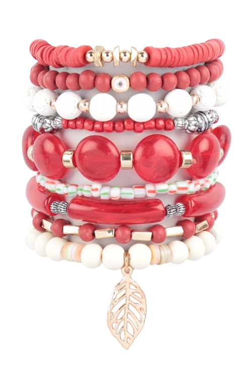 S20-7-2-HDB3776BU - MIX BEADS WOOD, TUBULAR W/ LEAF PENDANT  VERSATILE CHARM BRACELET SET-BURGUNDY/6PCS