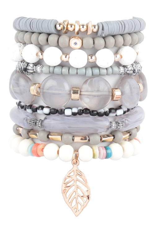 SS-22-8-1- HDB3776GY - MIX BEADS WOOD, TUBULAR W/ LEAF PENDANT  VERSATILE CHARM BRACELET SET-GRAY/6PCS