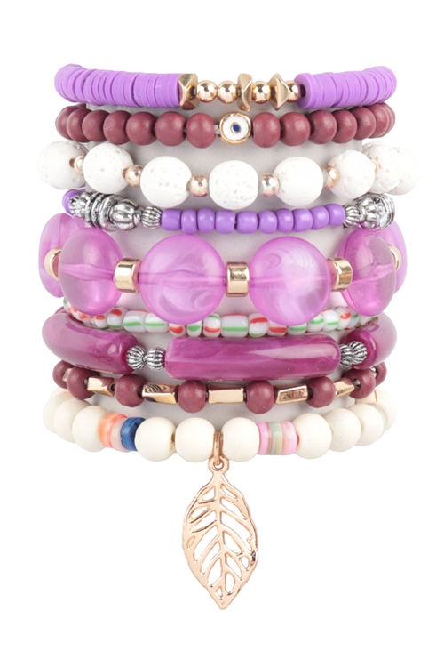 S22-12-1-HDB3776LV - MIX BEADS WOOD, TUBULAR W/ LEAF PENDANT  VERSATILE CHARM BRACELET SET-LAVENDER/6PCS