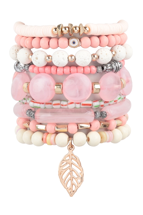 S22-12-1-HDB3776PK - MIX BEADS WOOD, TUBULAR W/ LEAF PENDANT  VERSATILE CHARM BRACELET SET-PINK/6PCS