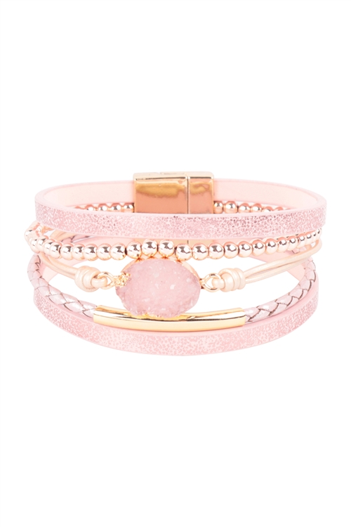 S17-2-2-HDB3778PK - DRUZY LEATHER MAGNETIC LOCK WRAP BRACELET-PINK/6PCS