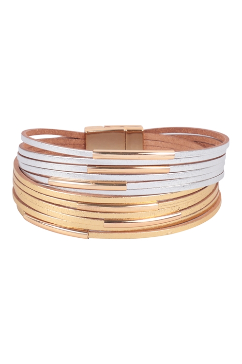 S17-6-2-HDB3779GDS - MULTI STRAND LEATHER MAGNETIC WRAP BRACELET-GOLD SILVER/6PCS