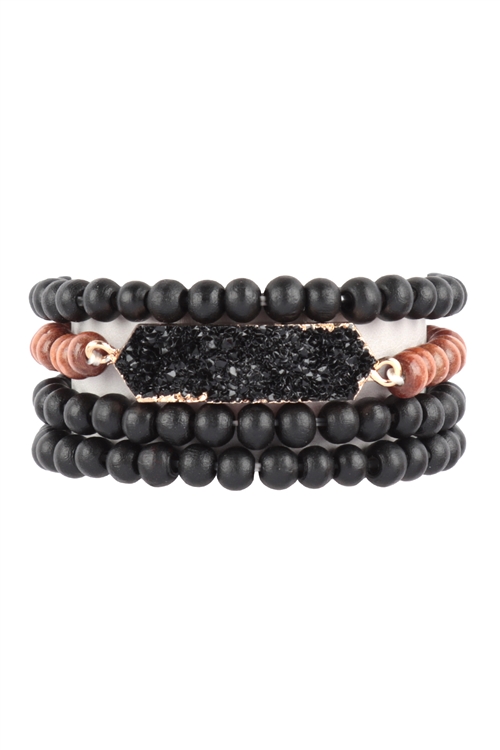 S27-1-1-HDB3786BK - DRUZY WOOD BEAD STACKABLE BRACELETE SET-BLACK/6PCS (NOW $1.75 ONLY!)