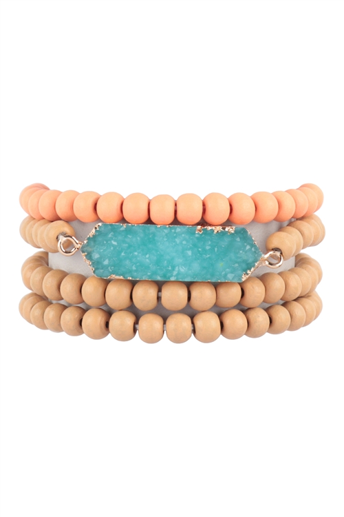 S17-6-1-HDB3786TQ - DRUZY WOOD BEAD STACKABLE BRACELETE SET-TURQUOISE/6PCS (NOW $1.75 ONLY!)