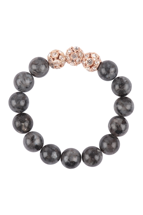 S27-9-1-HDB3799BK - ROUND PAVE RHINESTONE W/ NATURAL STONE STRETCH BRACELET-BLACK/6PCS (NOW $1.75 ONLY!)