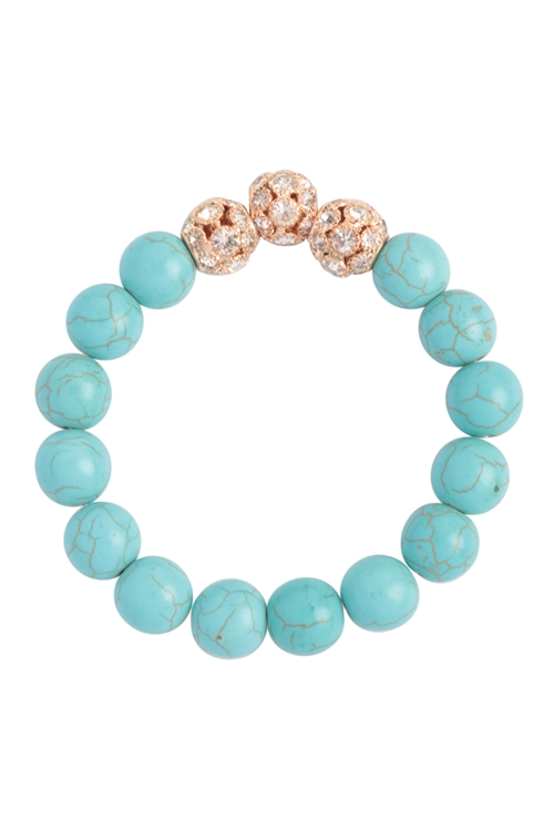 S27-9-1-HDB3799TQ - ROUND PAVE RHINESTONE W/ NATURAL STONE STRETCH BRACELET-TURQUOISE/6PCS (NOW $1.75 ONLY!)