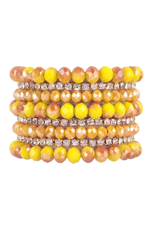 S19-5-1-HDB3800MU - RONDELLE, RHINESTONE BEADS STACKABLE BRACELET SET-MUSTARD/6PCS