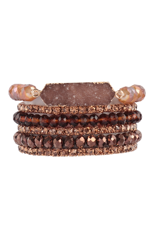 S28-3-2-HDB3803BR - DRUZY, RHINESTONE, RONDELLE BEADS MIX STACKABLE BRACELET SET-BROWN/6PCS