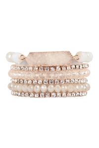 S28-3-2-HDB3803IV - DRUZY, RHINESTONE, RONDELLE BEADS MIX STACKABLE BRACELET SET-IVORY/6PCS