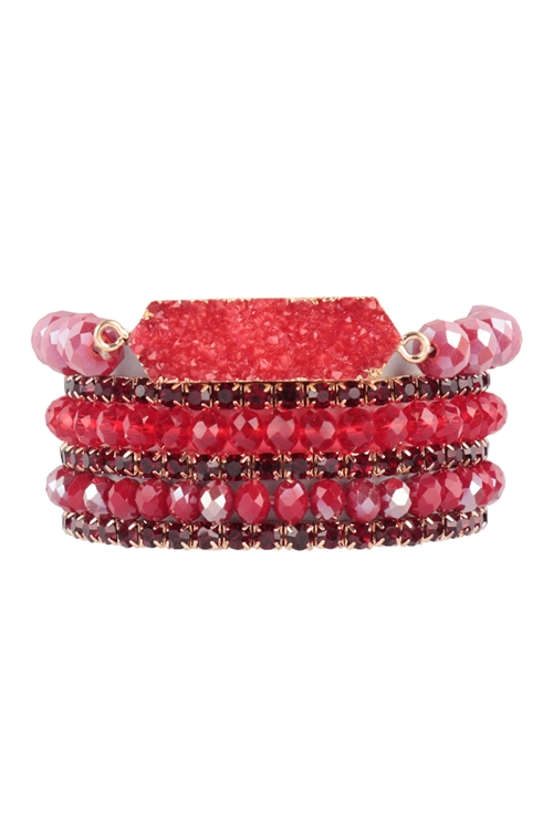 S19-7-1-HDB3803RD - DRUZY, RHINESTONE, RONDELLE BEADS MIX STACKABLE BRACELET SET-RED/6PCS (NOW $2.75 ONLY!)