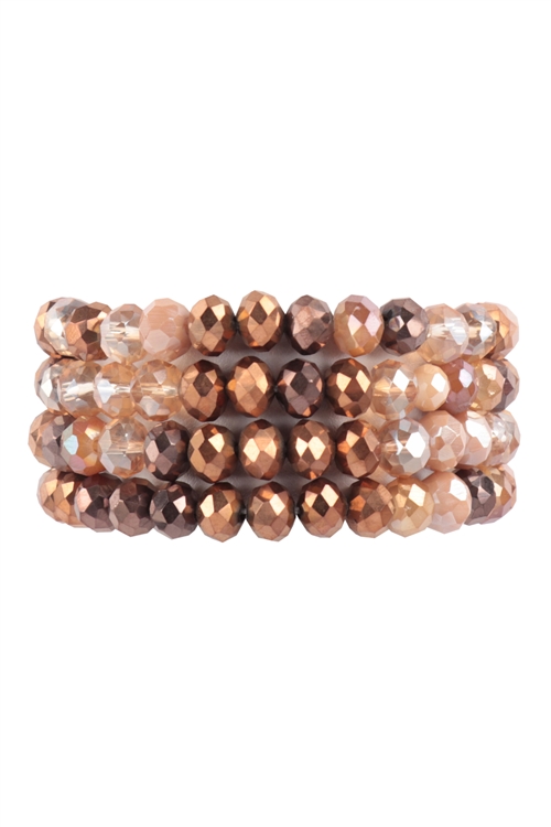 S19-9-3-HDB3804BR - RONDELLE BEADS 4 LAYERED STACKABLE STRETCH BRACELET SET-BROWN/6PCS