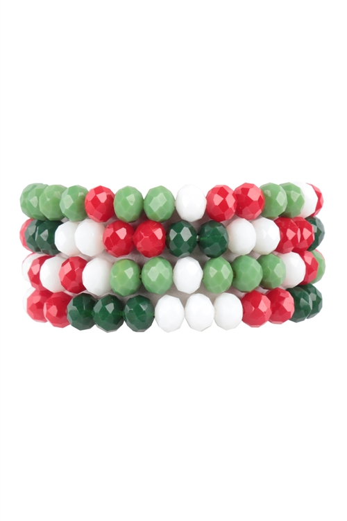 S19-9-3-HDB3804CHR - (CHRISTMAS) RONDELLE BEADS 4 LAYERED STACKABLE STRETCH BRACELET SET-GREEN MULTICOLOR/6PCS