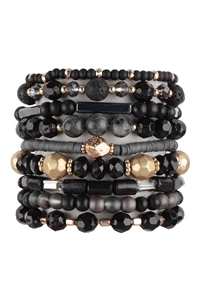 S29-7-1-HDB3859BK-1 - MIX BEADS WOOD FIMO LAYERED CHARM VERSATILE BRACELET-BLACK/1PC