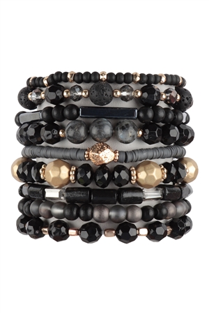 S29-7-1-HDB3859BK-1 - MIX BEADS WOOD FIMO LAYERED CHARM VERSATILE BRACELET-BLACK/1PC