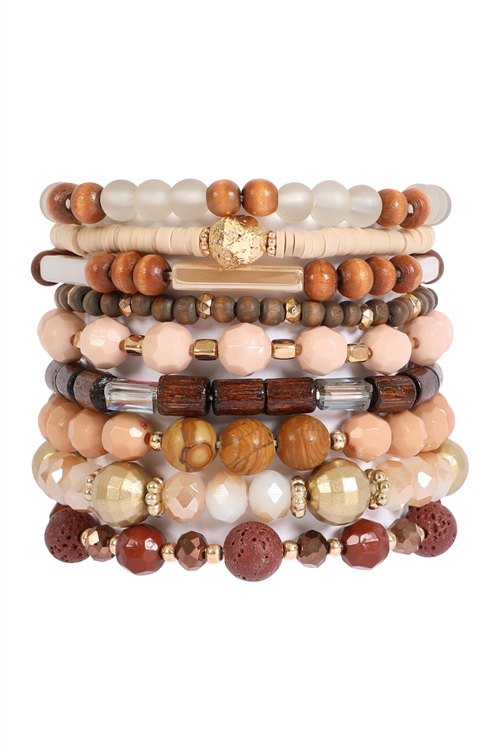 S29-7-1-HDB3859BRA -  MIX BEADS WOOD FIMO LAYERED CHARM VERSATILE BRACELET-BROWN 1/6PCS