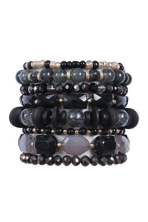 S28-3-2-HDB3949BK-1 - CHARM MIX BEADS NATURAL STONE WOOD LAYERED VERSATILE BRACELET SET-BLACK/1PC