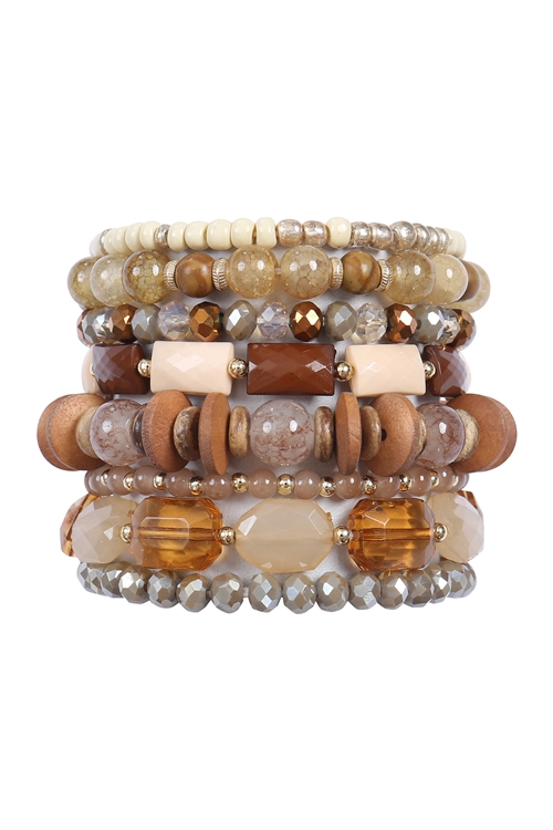 S28-3-2-HDB3949BR-1 - CHARM MIX BEADS NATURAL STONE WOOD LAYERED VERSATILE BRACELET SET-BROWN/1PC