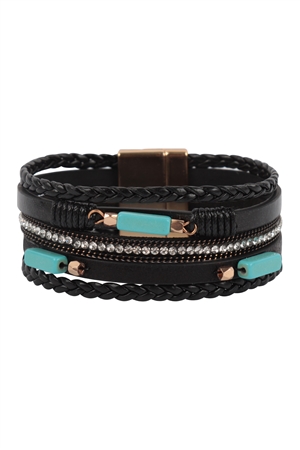 S20-7-3-HDB3957BK - BRAIDED LEATHER NATURAL STONE MAGNETIC LOCK BRACELET-BLACK/6PCS (NOW $ 2.75 ONLY!)