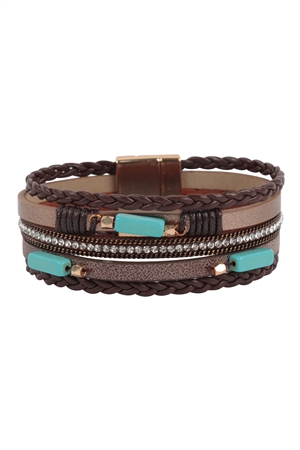 S20-7-3-HDB3957LBR - BRAIDED LEATHER NATURAL STONE MAGNETIC LOCK BRACELET-LIGHT BROWN/6PCS (NOW $ 2.75 ONLY!)