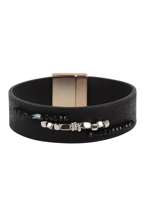 S22-2-5-HDB3959BK-1 - TEXTURED LEATHER WRAP WITH METAL BEADS MAGNETIC LOCK BRACELET-BLACK/1PC