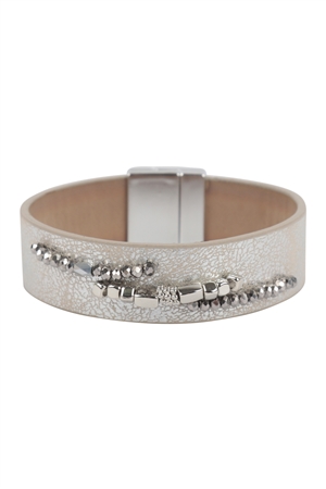 S22-2-5-HDB3959S-1 - TEXTURED LEATHER WRAP WITH METAL BEADS MAGNETIC LOCK BRACELET-SILVER/1PC (NOW $ 2.75 ONLY!)