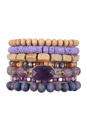 S22-12-2-HDB4012PU - CHARM LAYERED WOOD, FIMO, RONDELLE MIX BEADS STACKABLE BRACELET-PURPLE/6PCS