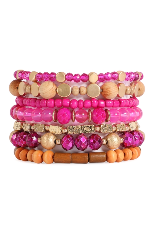 S22-4-3-HDB4015FS - CHARM WOODEN LAYERED MIX BEADS STACKABLE BRACELET-FUCHSIA/6PCS