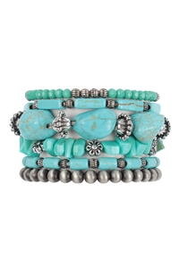 S18-12-4-HDB4019TQ - WESTERN CONCHO NATURAL STONE MIX BEADS BRACELET-BURNISH SILVER TURQUOISE/6PCS