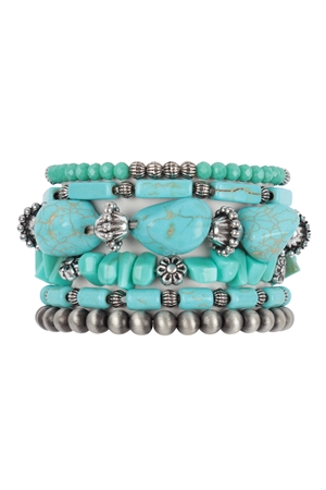 S18-12-4-HDB4019TQ - WESTERN CONCHO NATURAL STONE MIX BEADS BRACELET-BURNISH SILVER TURQUOISE/6PCS