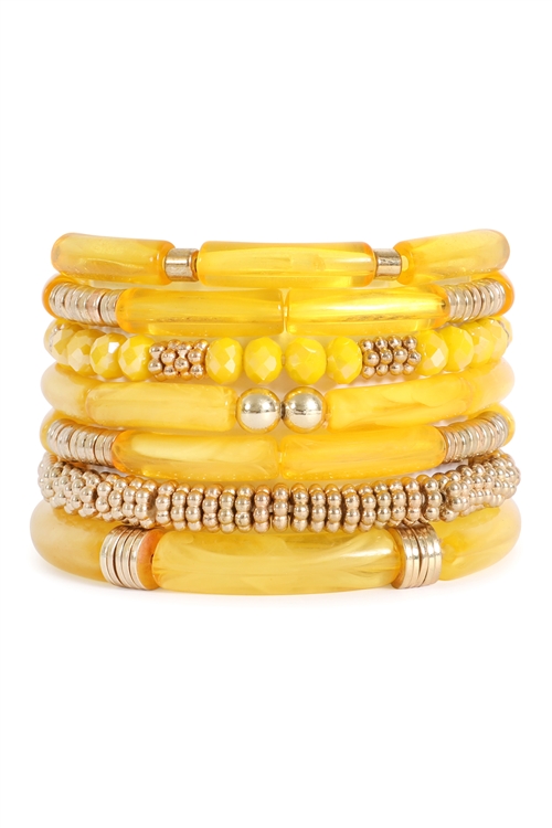 S25-4-1-HDB4046YW - MIX BEADS, TUBULAR, CCB, RONDELLE STRETCH STACKABLE BRACELET-YELLOW/6PCS