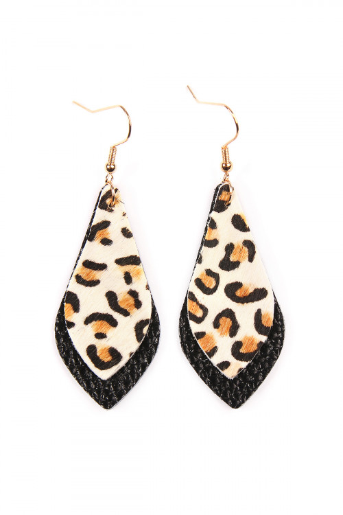 S7-6-3-HDE2204BK BLACK LEOPARD MARQUISE LEATHER DROP EARRINGS/6PAIRS (NOW $ 1.00 ONLY!)