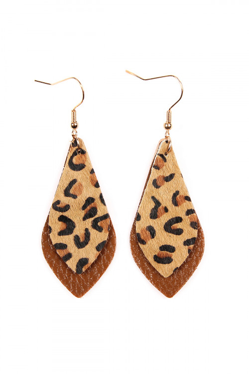 S7-6-3-HDE2204BR BROWN LEOPARD MARQUISE LEATHER DROP EARRINGS/6PAIRS (NOW $ 1.00 ONLY!)