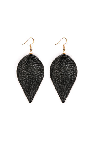 S25-8-4-HDE2205BK BLACK TEARDROP SHAPE PINCHED LEATHER EARRINGS/6PAIRS