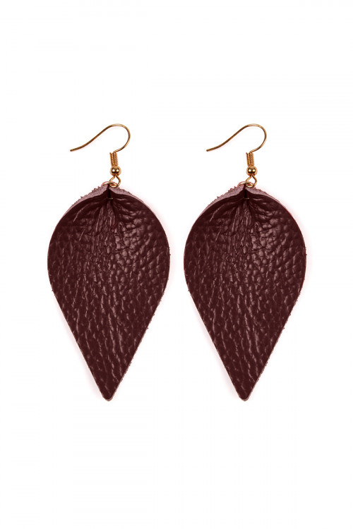 S25-8-4-HDE2205BU BURGUNDY TEARDROP SHAPE PINCHED LEATHER EARRINGS/6PAIRS