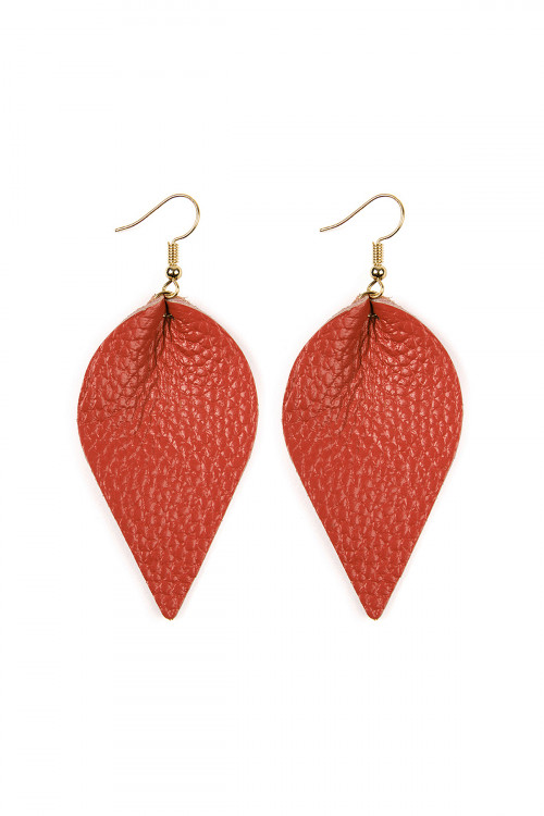 S25-8-4-HDE2205CO CORAL TEARDROP SHAPE PINCHED LEATHER EARRINGS/6PAIRS