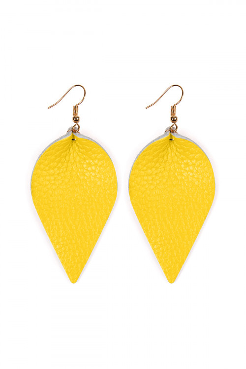 S21-9-3-HDE2205YW YELLOW TEARDROP SHAPE PINCHED LEATHER EARRINGS/6PAIRS