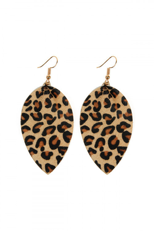 S25-1-4-HDE2206LBR LIGHT BROWN LEOPARD LEATHER DROP EARRINGS/6PAIRS