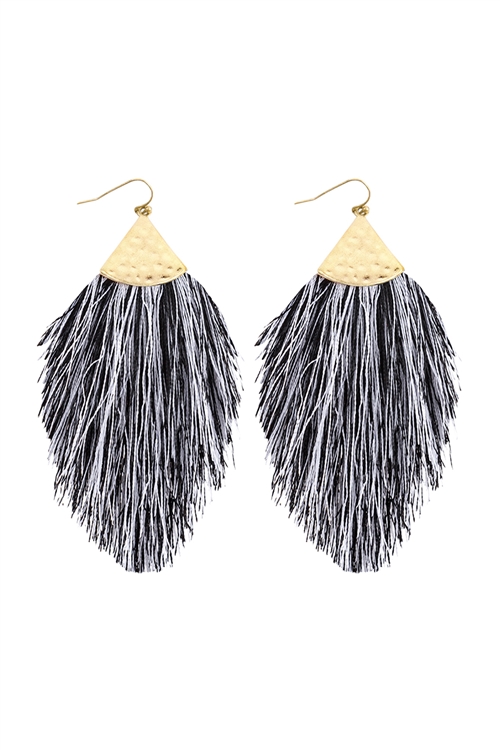 S22-1-2-HDE2232BGY WHITE GRAY TASSEL WITH HAMMERED METAL HOOK DROP EARRINGS/6PAIRS