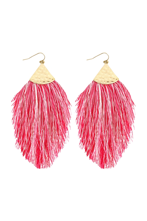 S22-1-2-HDE2232FSMT FUCHSIA MULTI COLOR TASSEL WITH HAMMERED METAL HOOK DROP EARRINGS/6PAIRS