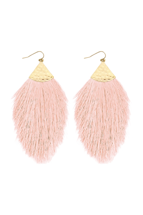 S24-5-3-HDE2232LPK LIGHT PINK TASSEL WITH HAMMERED METAL HOOK DROP EARRINGS/6PAIRS