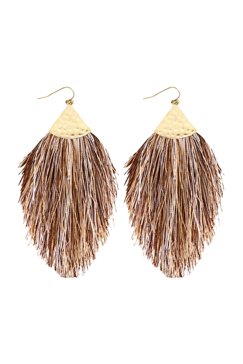 S22-1-2-HDE2232MBR MULTI COLOR BROWN TASSEL WITH HAMMERED METAL HOOK DROP EARRINGS/6PAIRS